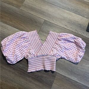 Abercrombie & Fitch Pink Checkered Puff Sleeve Blouse
